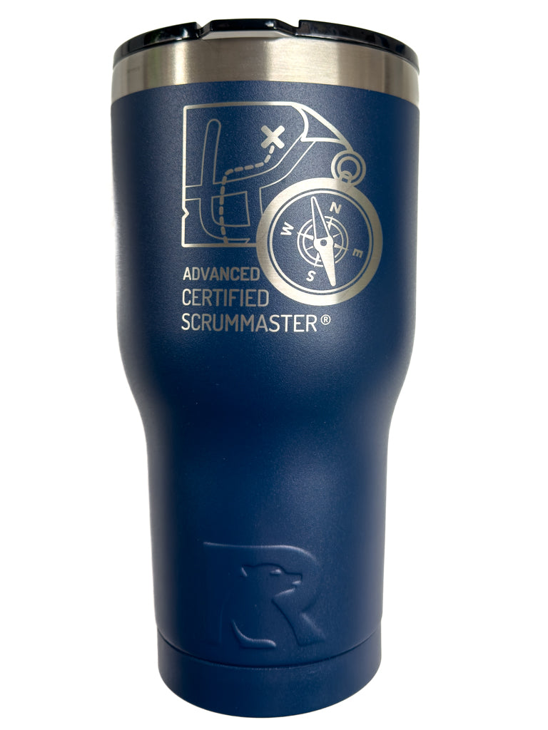 Blue tumbler with 'Advanced Certified ScrumMaster' logo on a white background