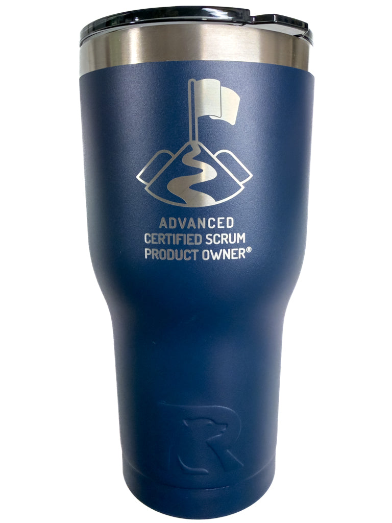 Blue tumbler with 'Advanced Certified Scrum Product Owner' logo on a white background