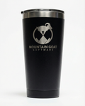 Black tumbler with 'Mountain Goat Software' logo on a white background