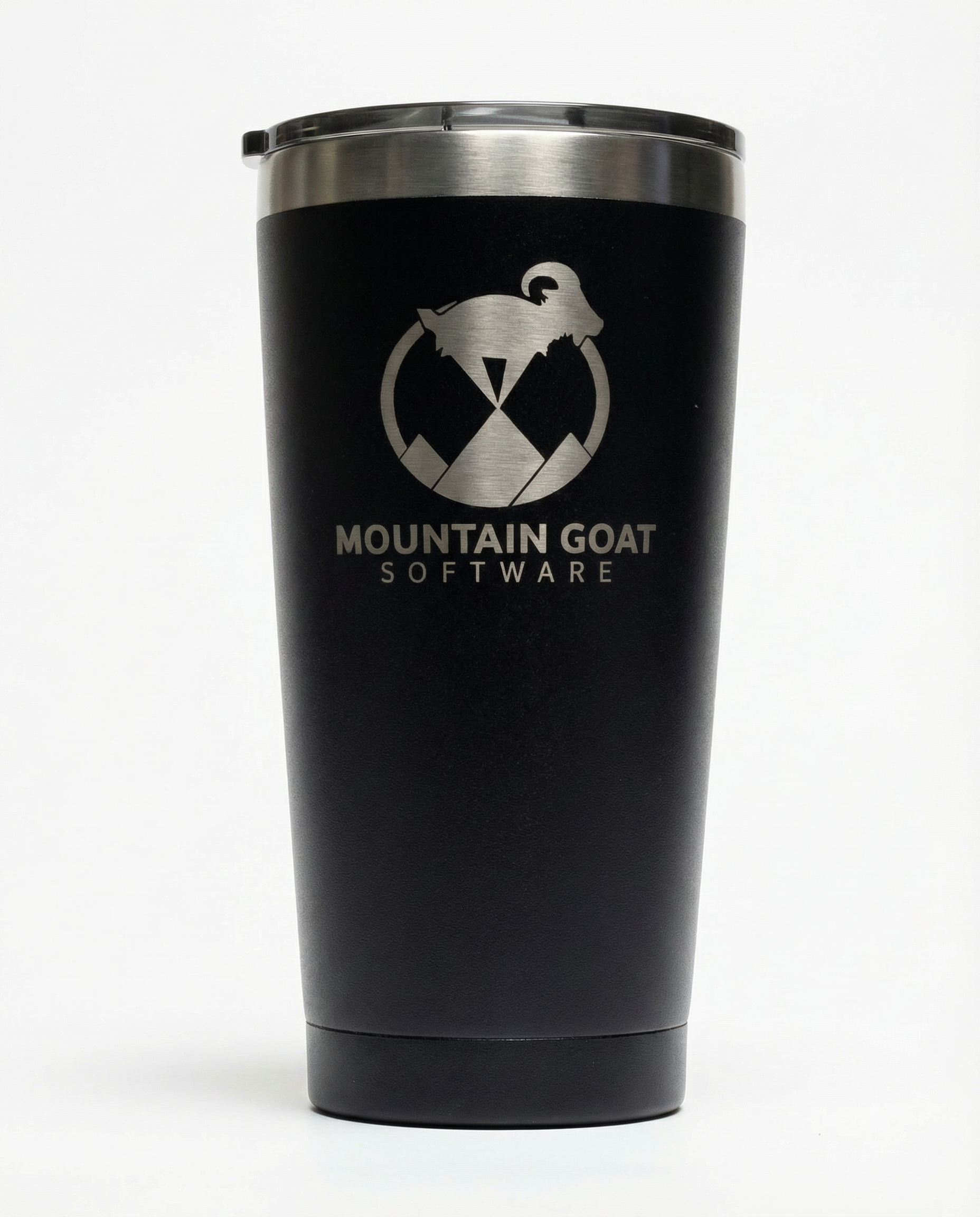 Black tumbler with 'Mountain Goat Software' logo on a white background