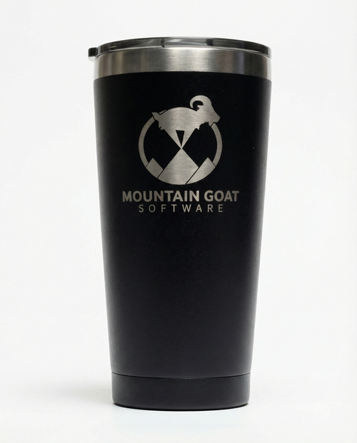 Black tumbler with 'Mountain Goat Software' logo on a white background