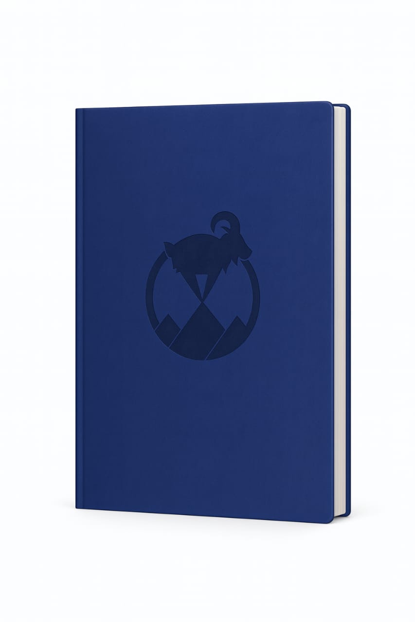 Blue notebook with a logo on a white background