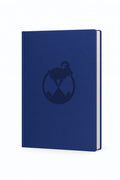 Blue notebook with a logo on a white background