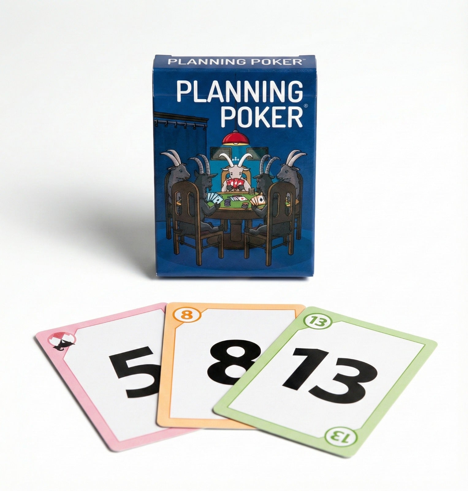 Planning Poker cards with a blue box labeled 'Planning Poker' on a white background