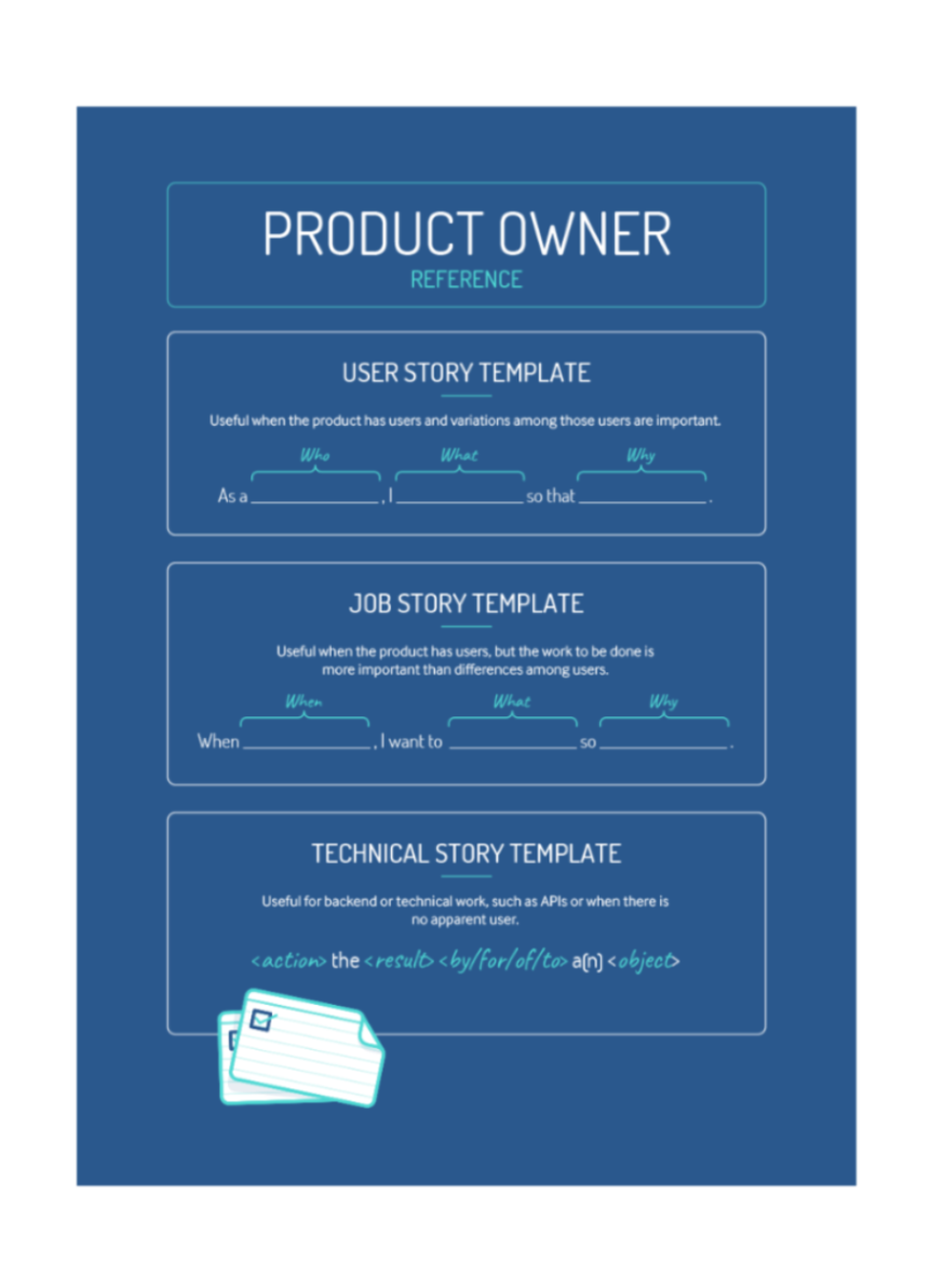 Product Owner Reference guide with user story, job story, and technical story templates on a blue background.
