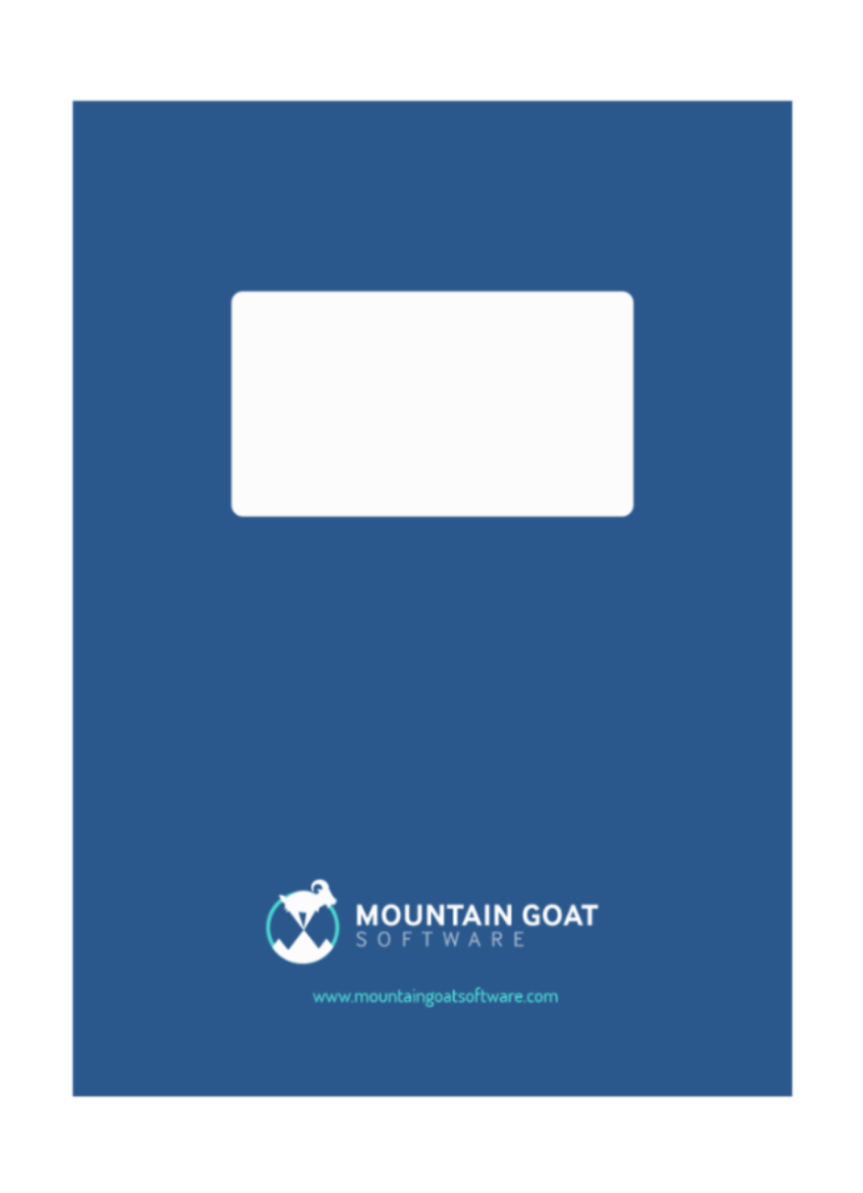 Blue cover with a white rectangle and Mountain Goat Software logo