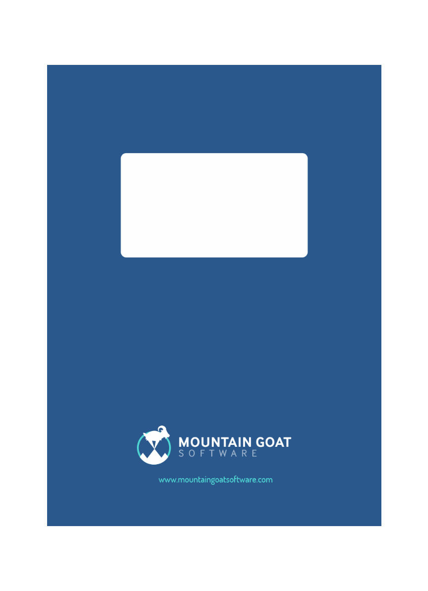 Blue cover with a white rectangle and Mountain Goat Software logo